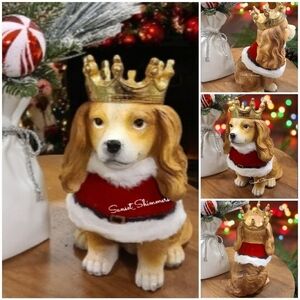 Christmas Spaniel DOG Flocked Faux Fur Cape Gold Crown Resin Figure Decor New